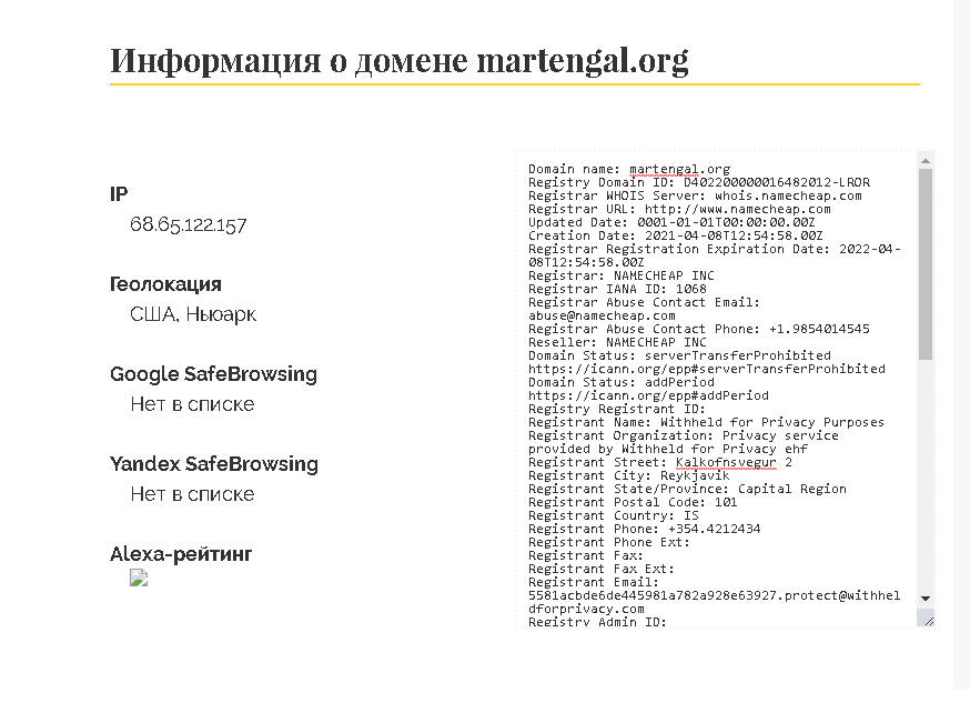 данные о домене мошенников 