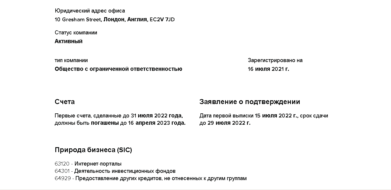 Данные о зарегистрированной компании 