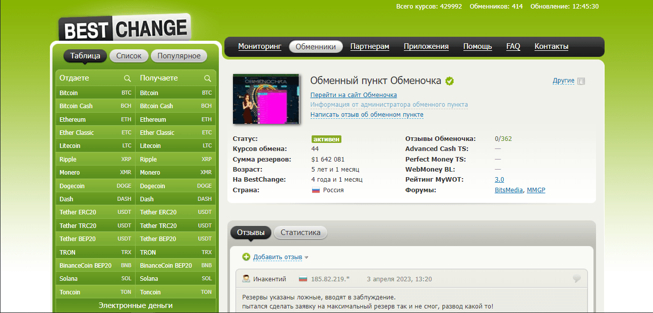 информация с мониторинга BestChange