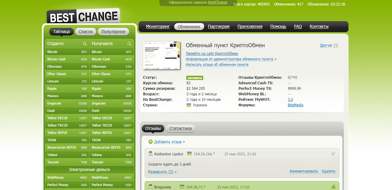 данные на сайте мониторинга об обменнике 