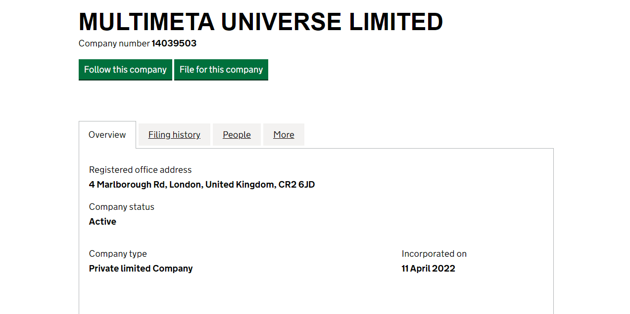 данные о регистрации одной из компаний 