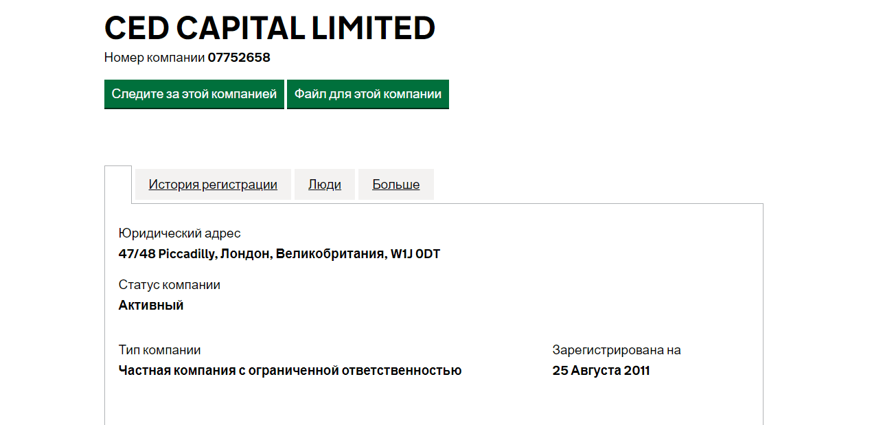 данные о регистрации компании в Великобритании