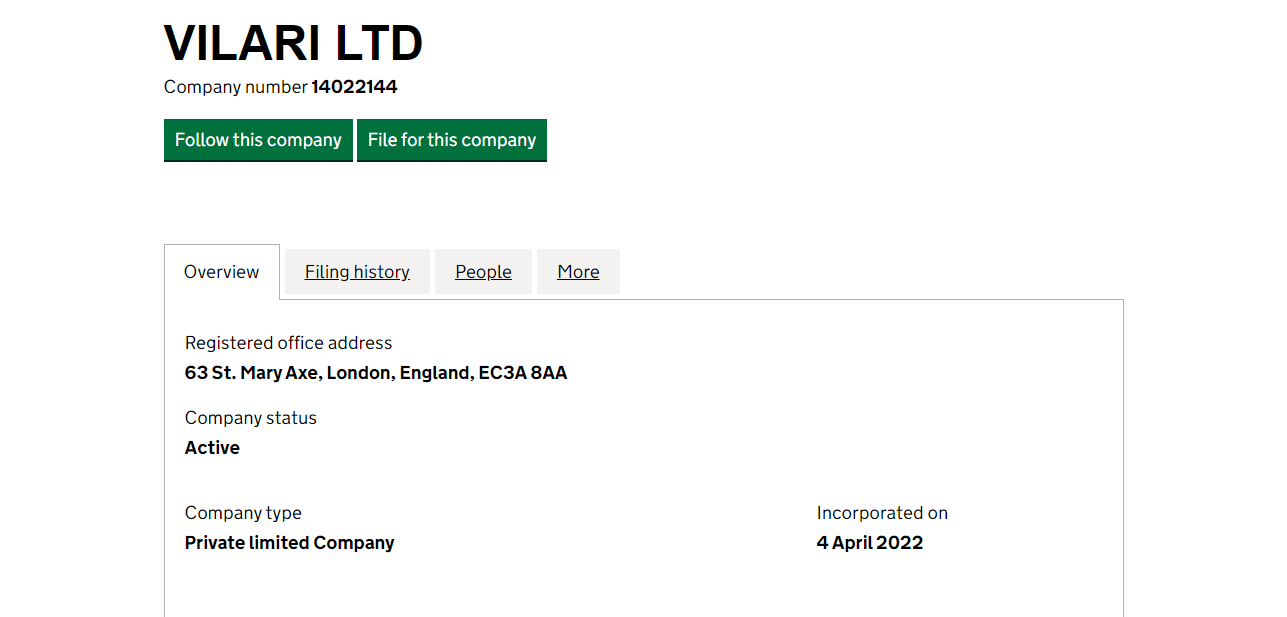 информация о регистрации компании в Англии