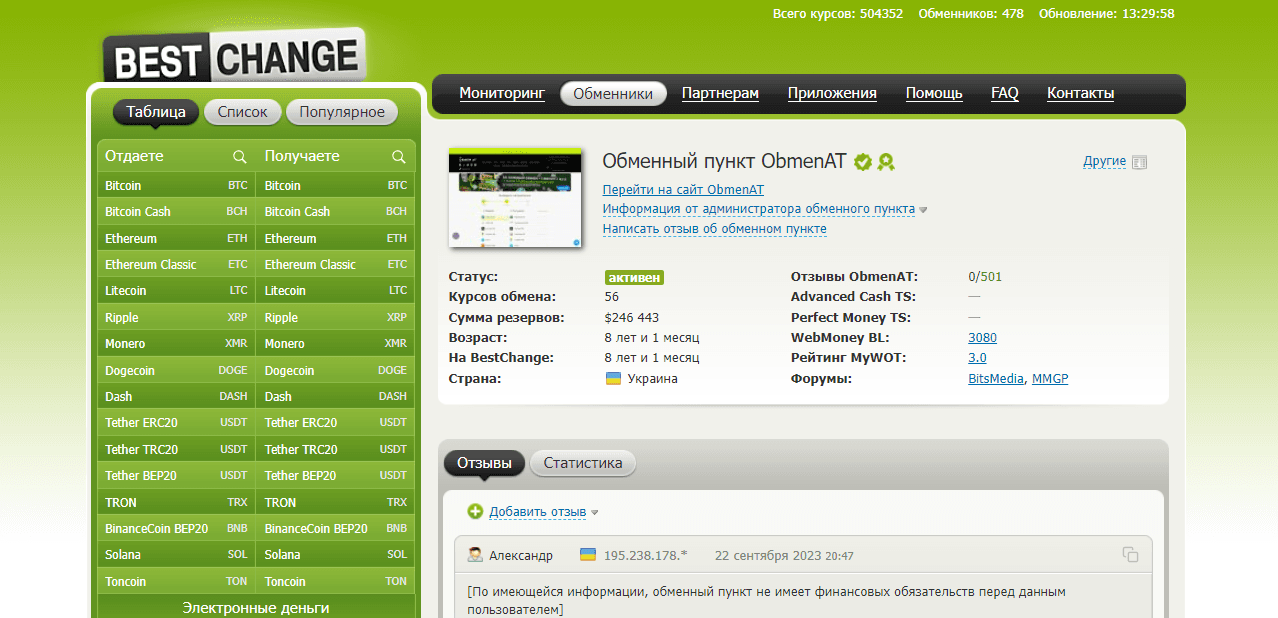 данные на сайте мониторинга об обменнике