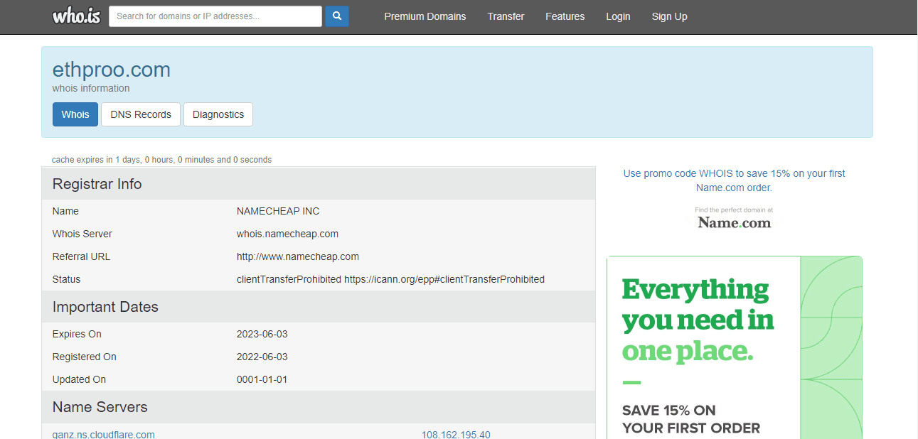 данные о регистрации домена лохотрона в сети