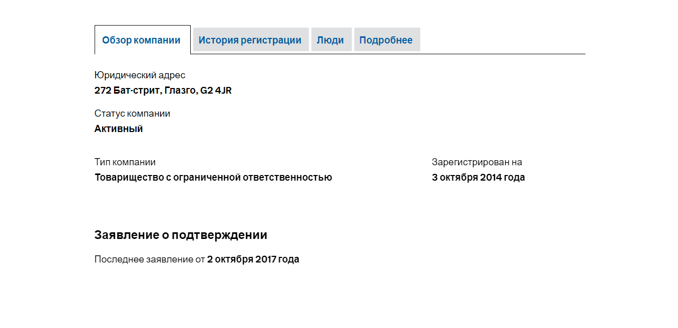 данные о регистрации компании