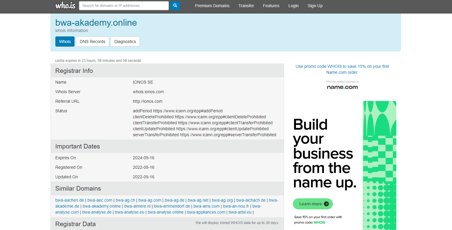 данные о регистрации домена липовой академии