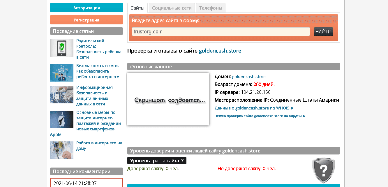 Дата регистрации сайта