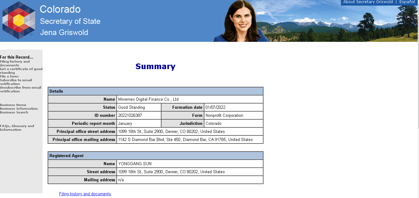 данные о регистрации реальной компании