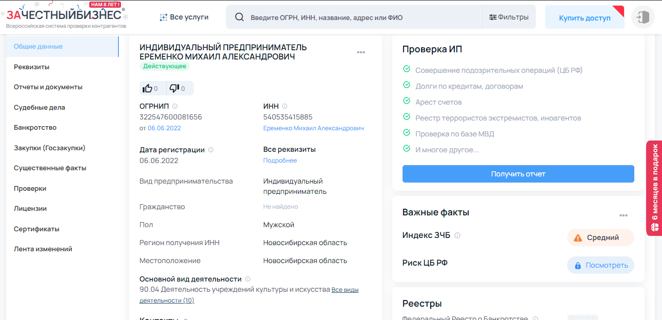 данные ИП на проекте