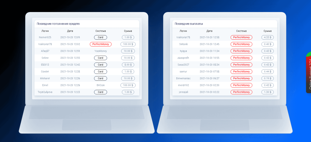 данные о выплатах и пополнениях на сайте