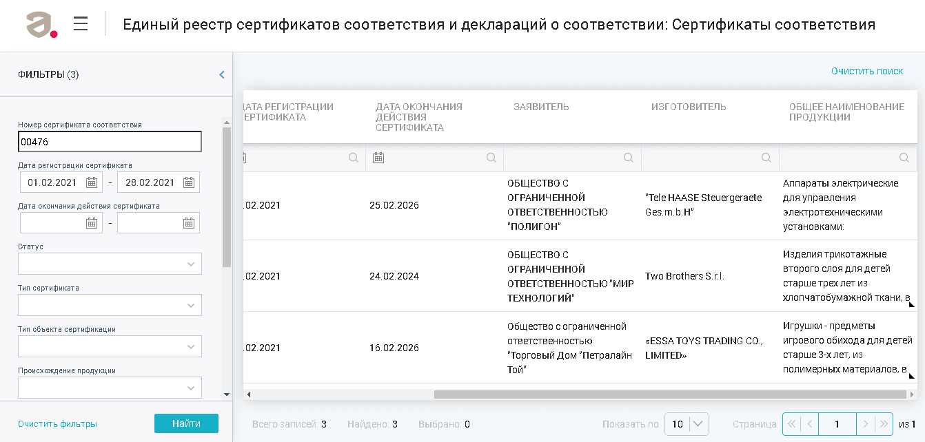 данные из реестра сертификатов качества