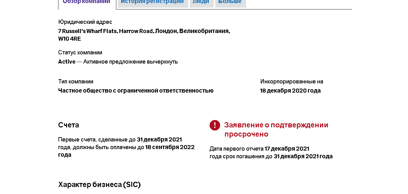 данные о регистрации компании