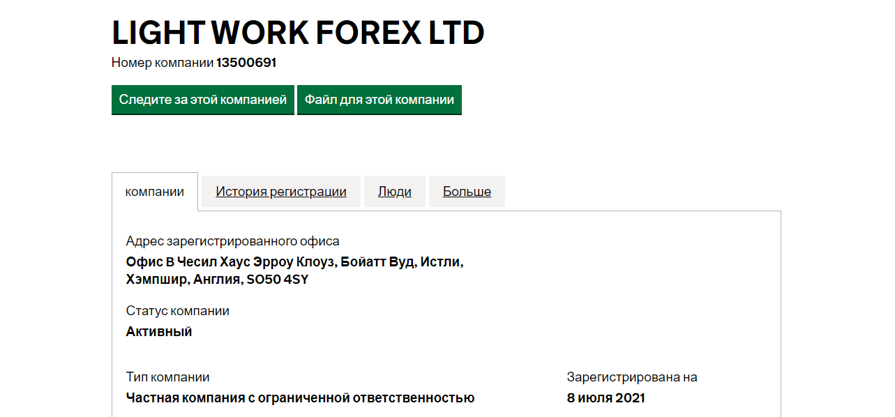 данные о регистрации компании