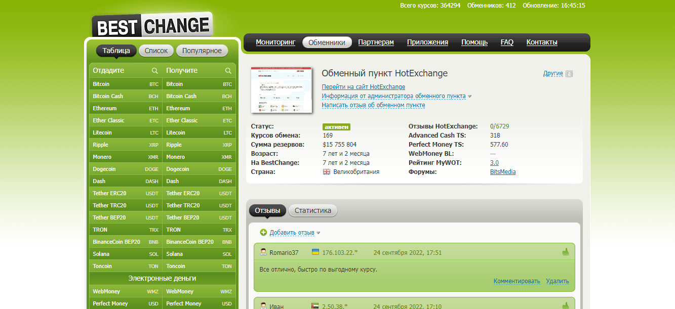 данные на сайте мониторинга об обменнике