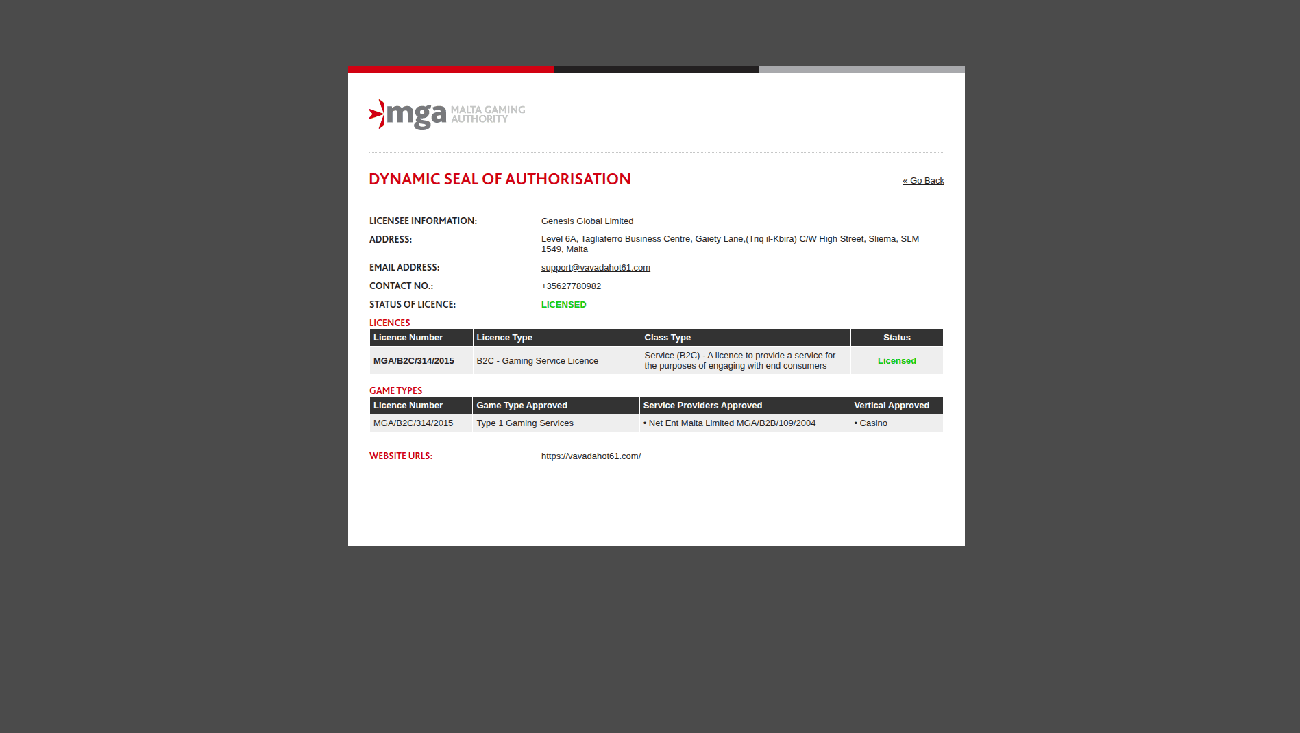 Vavada Casino - лицензия