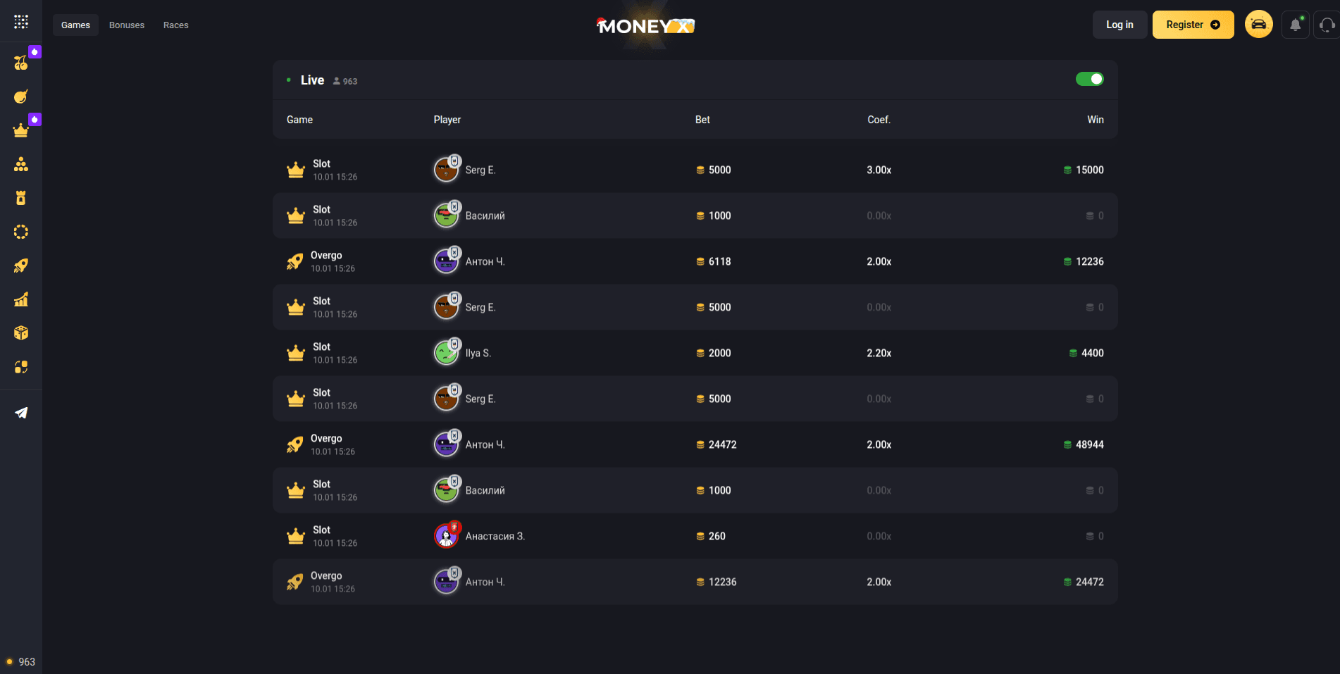 Казино Money X - результат игр