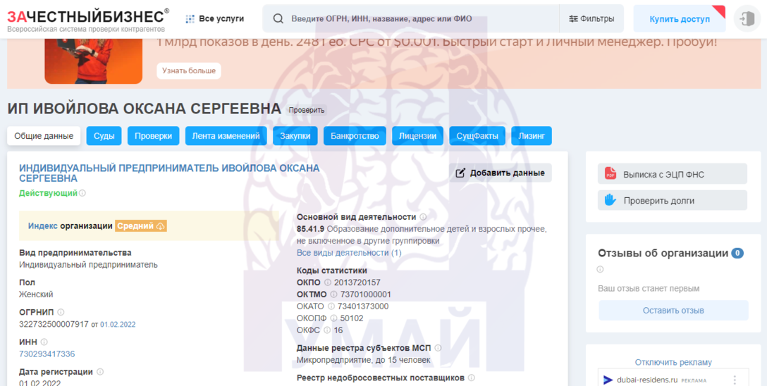данные о регистрации ИП в РФ