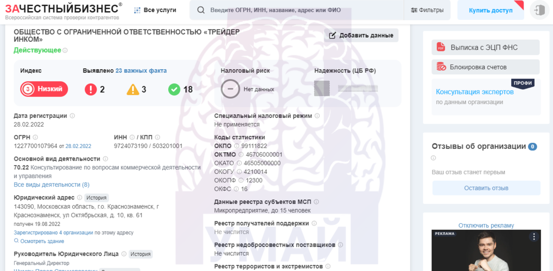 данные о регистрации компании в РФ 