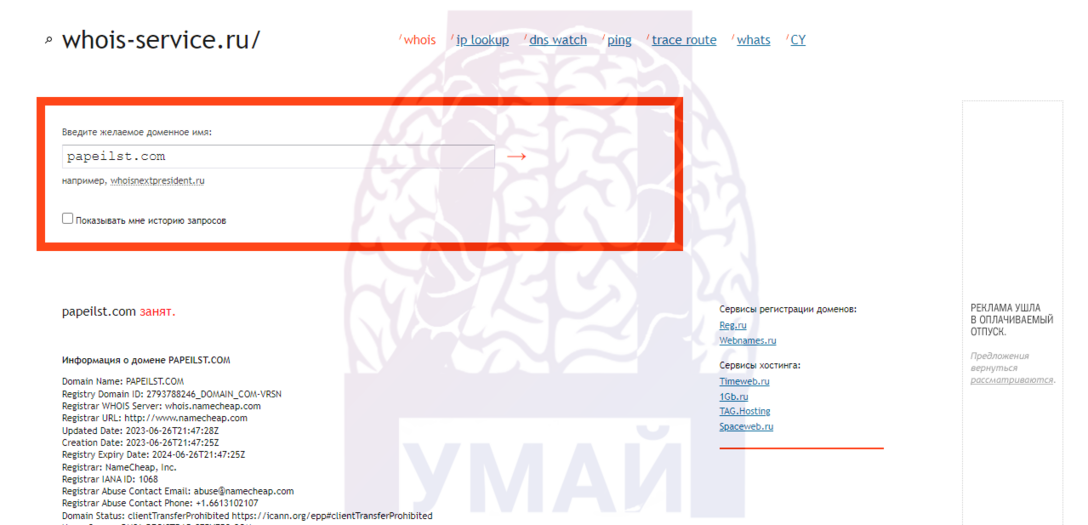 данные о регистрации домена майнингового лохотрона